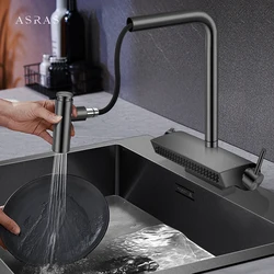 2024 Black Brass Waterfall Faucet Hot And Cold Water Kitchen Faucet Dual Holder Switch Pull Out 360 Degree Kitchen Mixer Tap