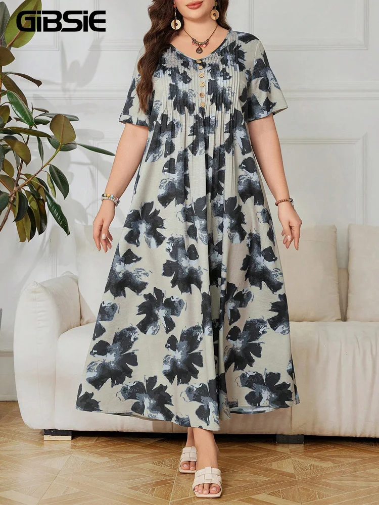 

GIBSIE Plus Size V-Neck Button Front Print Dress Women Summer Short Sleeved Vintage Loose Big Swing Vacation Long Dresses 2026