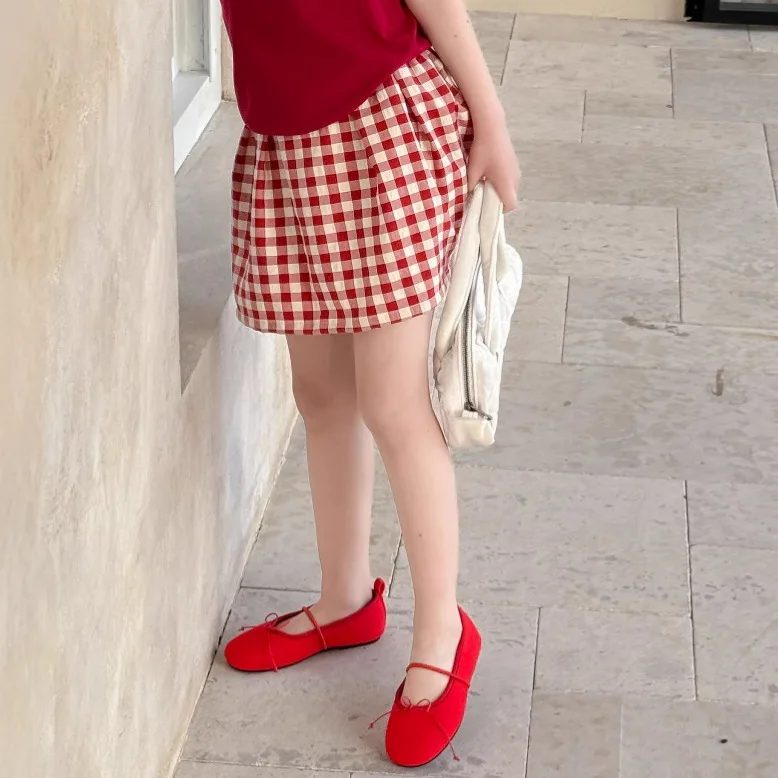 

Children 2025 Summer New Girls Red Plaid Skirt Girls Korean Version High Waist Short Skirt A-shaped Skirt