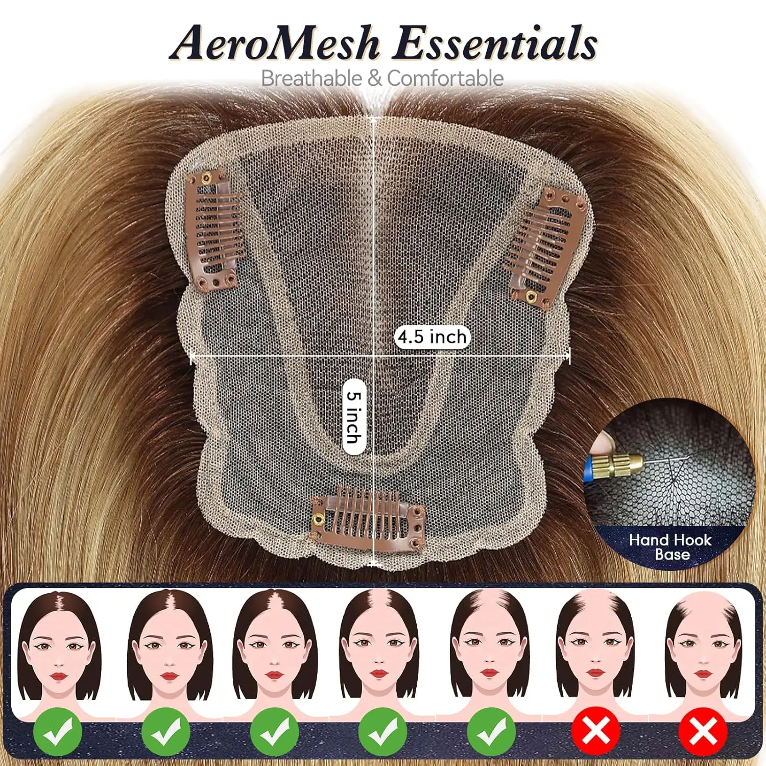 Ombre Golden Brown Human Hair Toppers 4.5*5 inch Lace Base 100% Real Natural Hair Topper Easy Wear for Women with Thinning Hair