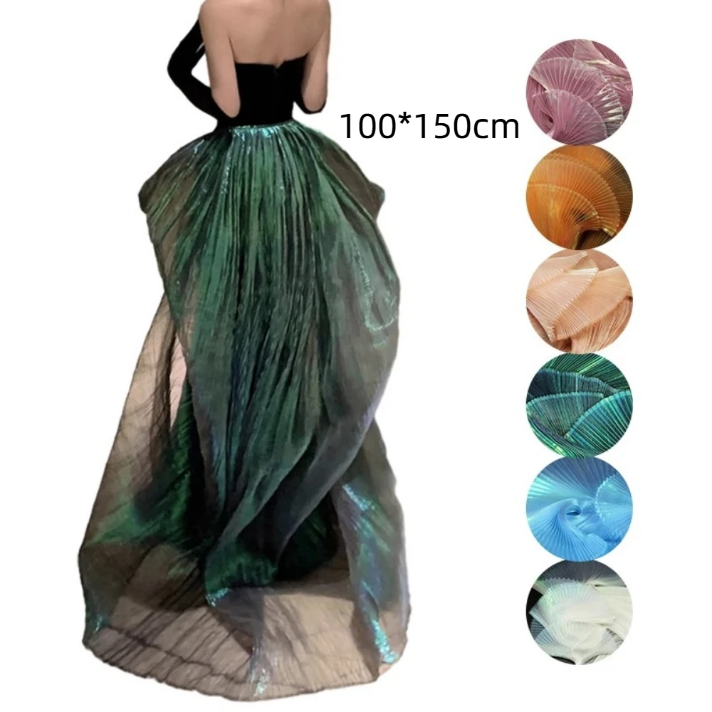 Creative Shiny Pleated Organza Fabric 100*150cm Rainbow Mermaid Cloth Fabric Handmade DIY Material Apparels Accessories