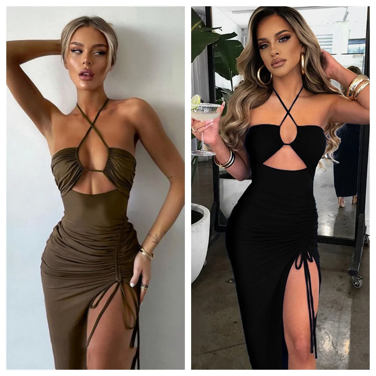 レディースセクシーサマーパーティードレス - ブラックノースリーブバックレスボディコンドレス、ホローアウト＆レースアップホルターデザイン、エレガントスリット入り