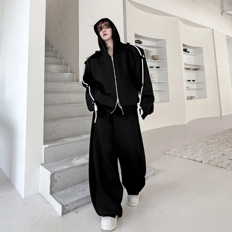 

Осенне-зимний новый однотонный кардиган с капюшоном и мужские повседневные брюки с широкими штанинами, комплект из двух предметов, элитный стильный костюм