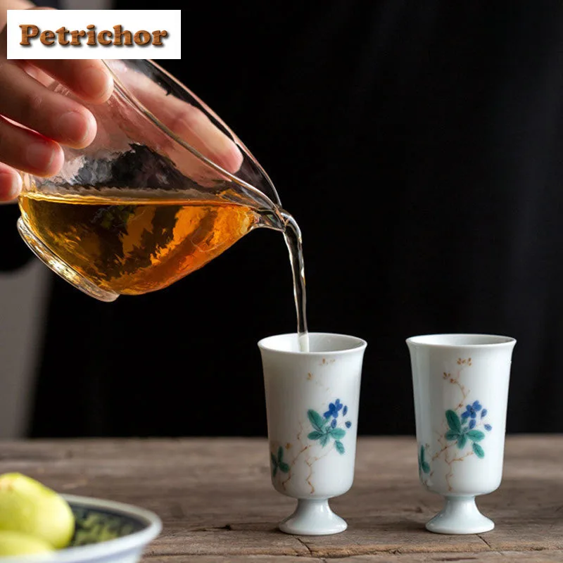 35ml Hand-painted Blue White High Footed Teacup Vintage Tea Bowl Jug Tea-tasting Fragrance Cup Chazhan Master Cups Teaware Craft