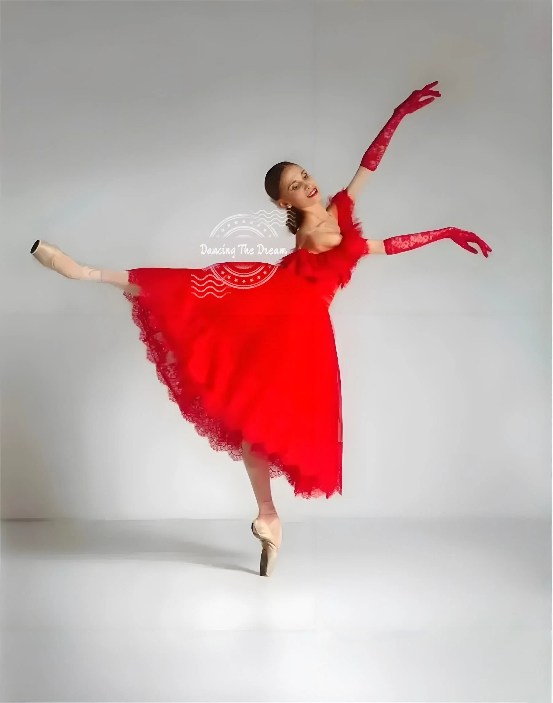 

Glamorous Red Lace - Trimmed Off - Shoulder Ballet Dress Dazzling Red Dramatic - Style Lace - Detailed Ballet Performance Dress