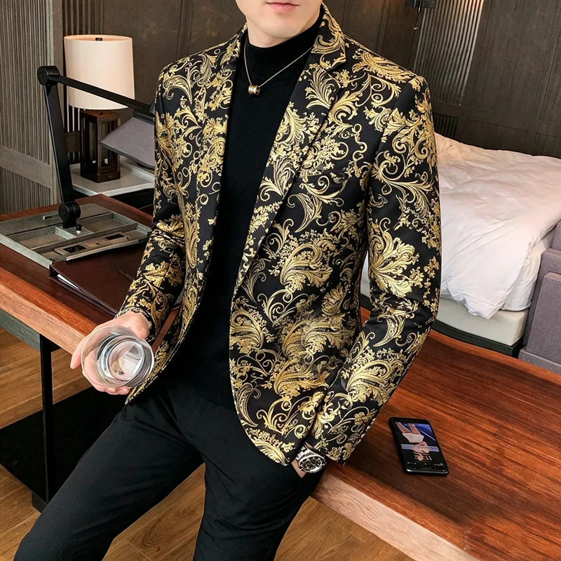 Blazer Men's Fashionable Weddings Casual Slim-fit Hairdresser Gentleman Korean Style, Banquets, Business, Gold Embossing, Blazer