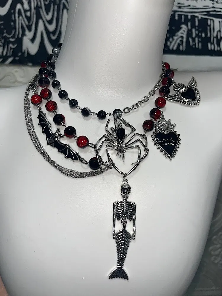 Subculture Waist Chain Halloween Accessories Y2k Goth Beaded Spider Bat Skull Cross Necklace