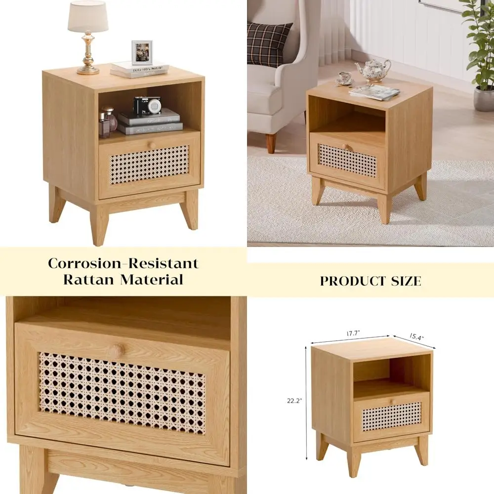 

Rattan Nightstand with Drawers - Bedroom Boho Side Table, Farmhouse Style End Table