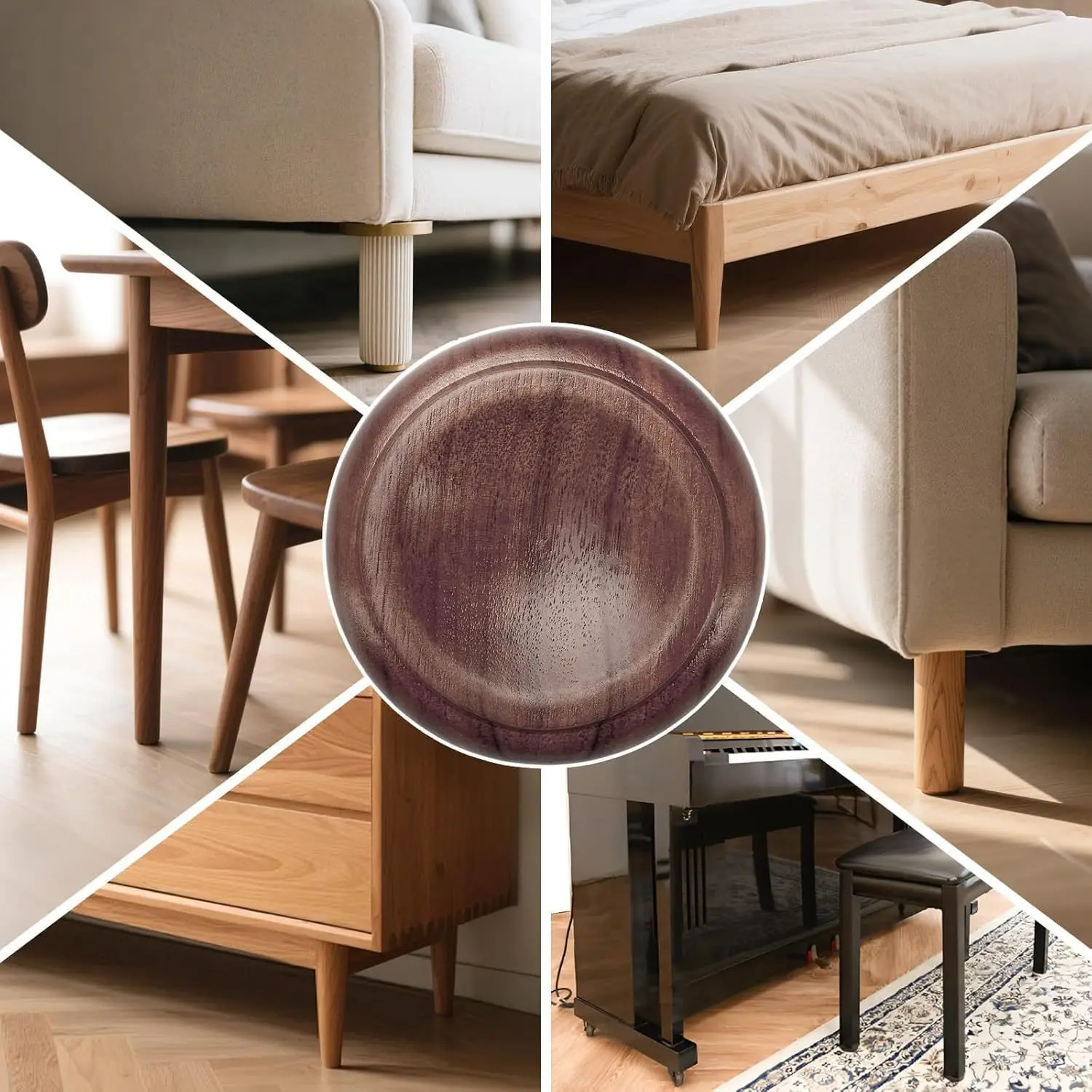 Solid Wood Upright Piano Caster Cups Four Pack Curved Recess Wheel Pads Non Slip Floor Protection Moisture Resistance Quiet