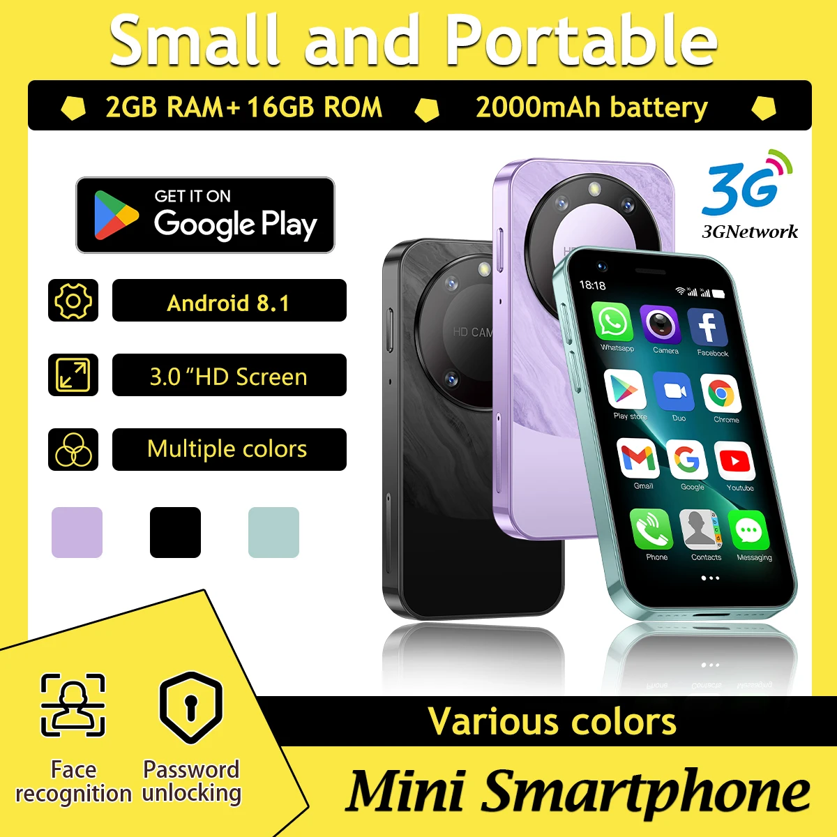 SOYES F8 Mini Smartphone -3.0-inch Android 8.1 Built in 2GB Memory+16GB ROM Dual SIM 3G Network Facial Recognition Unlock