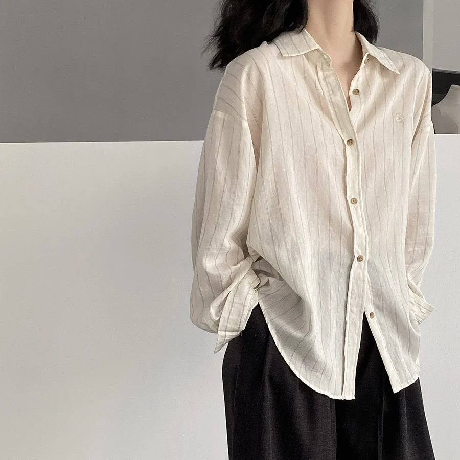 

Женский хлопковый льняной полосатый топ, осенний новый многослойный дизайн, простой свободный крой, длинный свеч, красивый топ