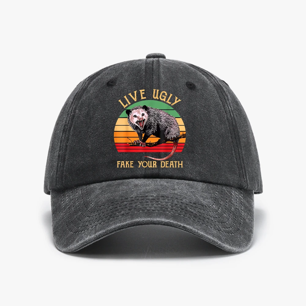 Live Ugly Fake Your Death Possum Kawaii Baseball Cap Cartoon Graphic Print Four Seasons Washed Vintage hat