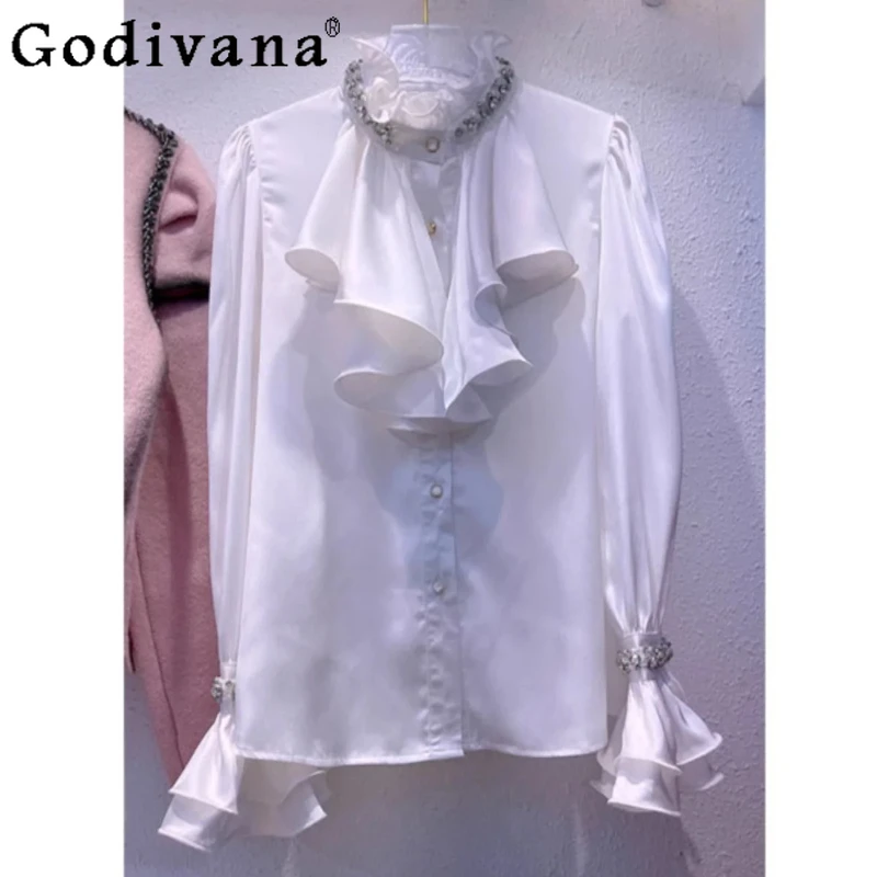 Lolita Elegant Frans Hof Zoete Ruches Temperament Shirt Meisje Lente Herfst Losse Opstaande Kraag Lange Mouw Veelzijdige Top