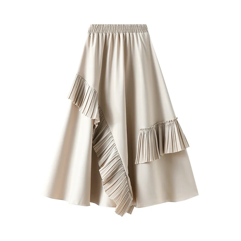 High Waist A-line Skirt Womens Fashion Korean Ruffles Midi Skirt Spring Summer 2022 Casual Beige Black Elegant Skirts