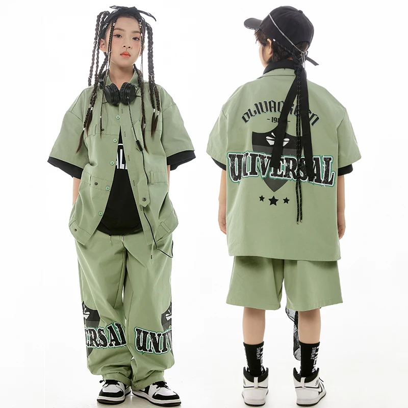 2024 Hip Hop Dance Costume Girls Short Sleeves Green Suit Loose Coat Pants Boys Drum Street Dance Performance Wear Kids BL12951