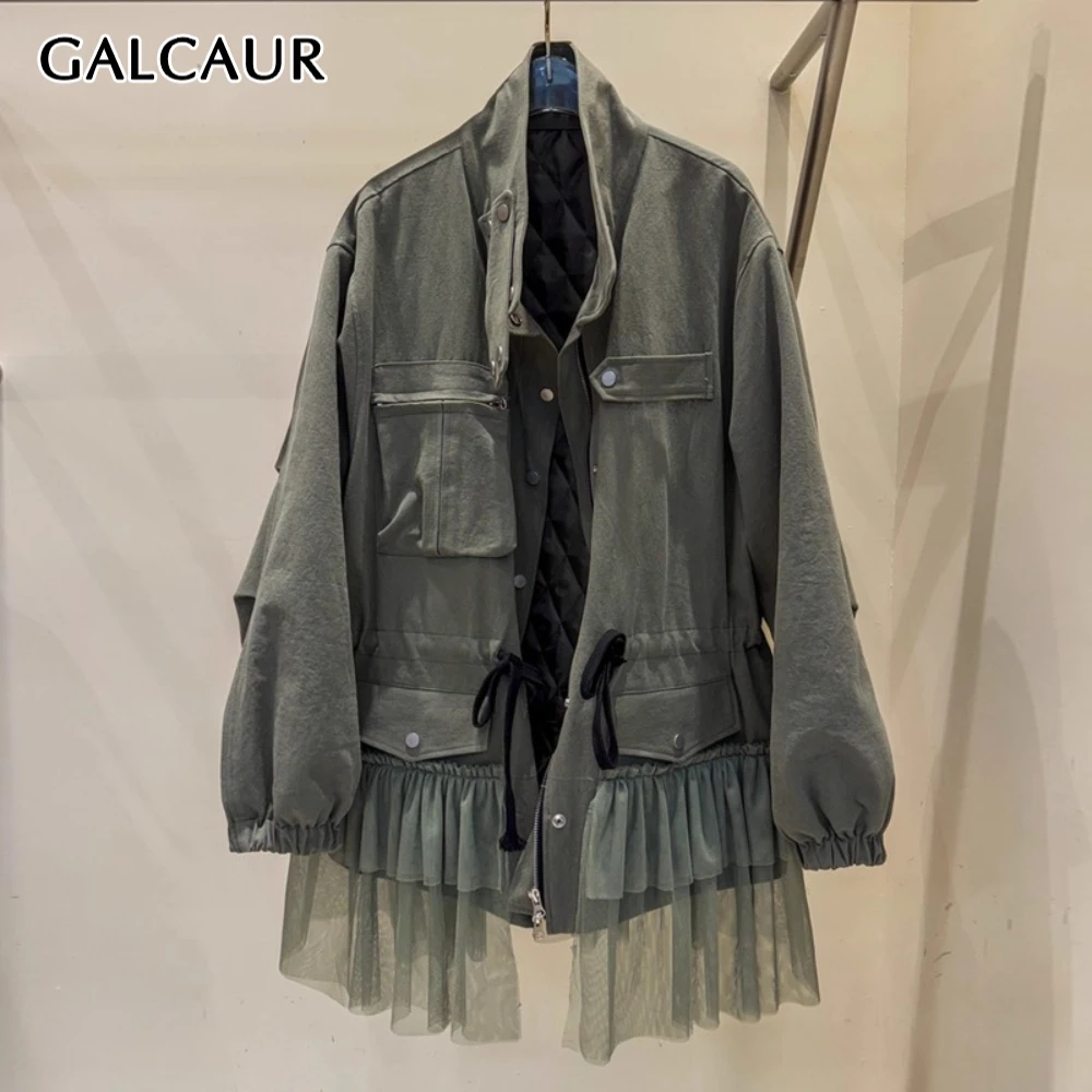 

GALCAUR однотонная куртка с карманами, женская куртка с лацканами и длинными рукавами, свободная лоскутная сетка, корейские женские куртки, осенний стиль, мода