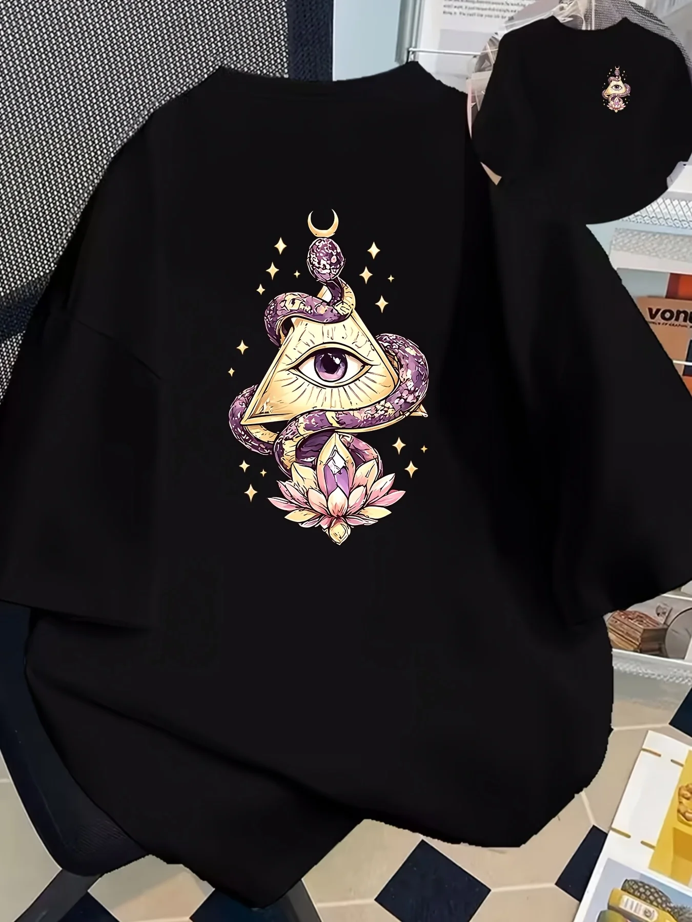 Women Short Sleeve T Shirt Mystic Eye Snake Lotus Moon Star Graphic Crew Neck Tees Soft Tops For Women Daily Street Wear