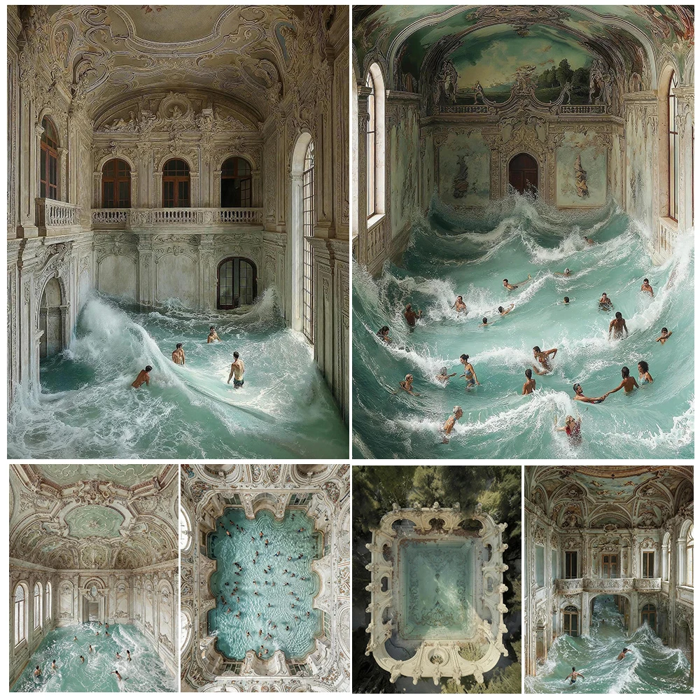 Castle And Swimming Pool, Fantasy Wall Art, Canvas Painting, People Surfing In The Castle, Art Poster And Print, Home Decoration