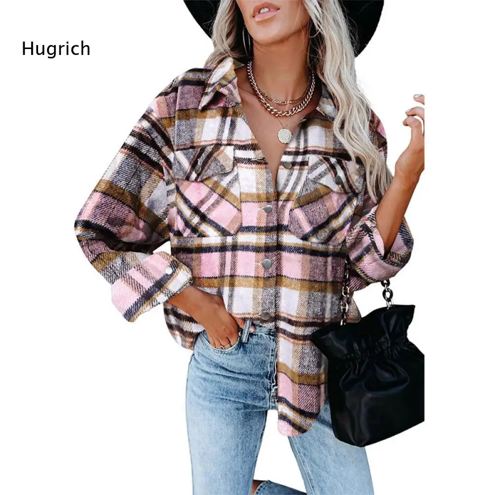 Cozy Pink Plaid Top with Long Sleeve and Lapel Collar Women Loose Fit Solid Color Autumn Winter Essential Soft Touch