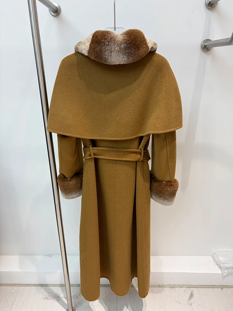 New Women Winter Coats Cashmere Wool Blends Real Natural Rex Rabbit Fur Collar Belt Slim Style Female Autumn Outerwear