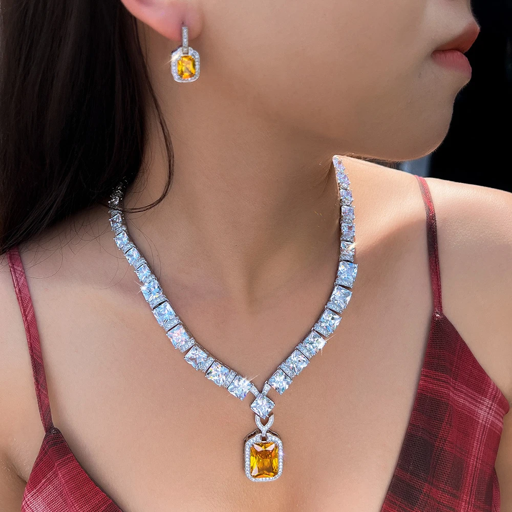 ThreeGraces Luxurious Brilliant Square Zirconia Women Big Yellow CZ Necklace Earrings Bridal Wedding Party Jewelry Set T1097