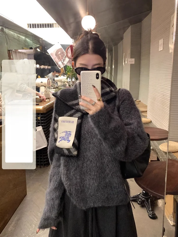 

Женский вязаный свитер EKOOL с V-образным вырезом, 100% шерсть, утепленный, свободный крой, стройнящий, зимний, модный, в корейском стиле, с длинными рукавами