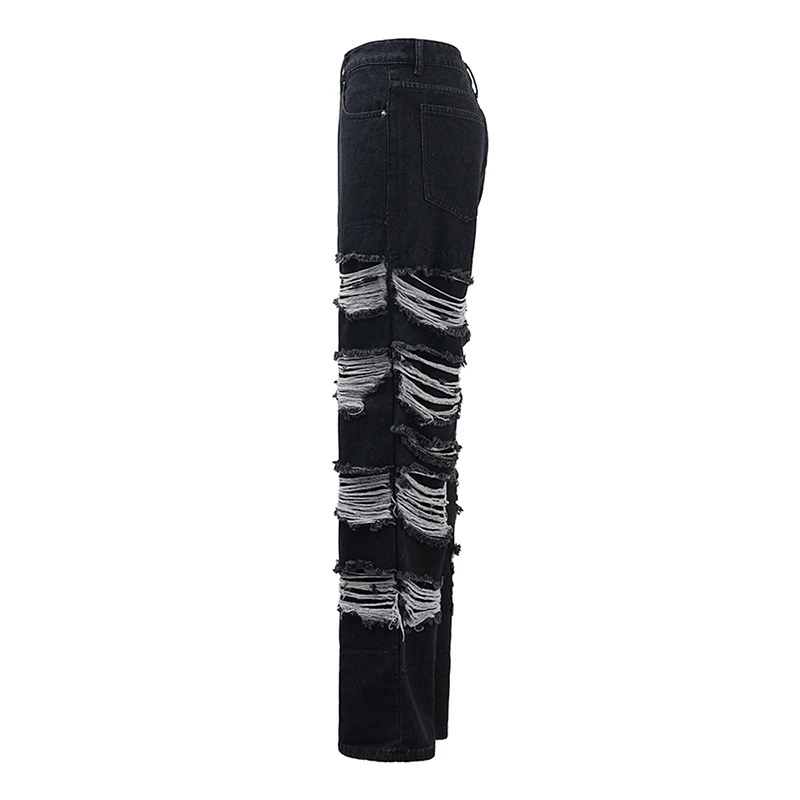 FEWQ Denim Pants High Waist Hollow Out Broken Holes Black Tassel Straight Female Jeans 2024 Autumn New Fashion CPG1730