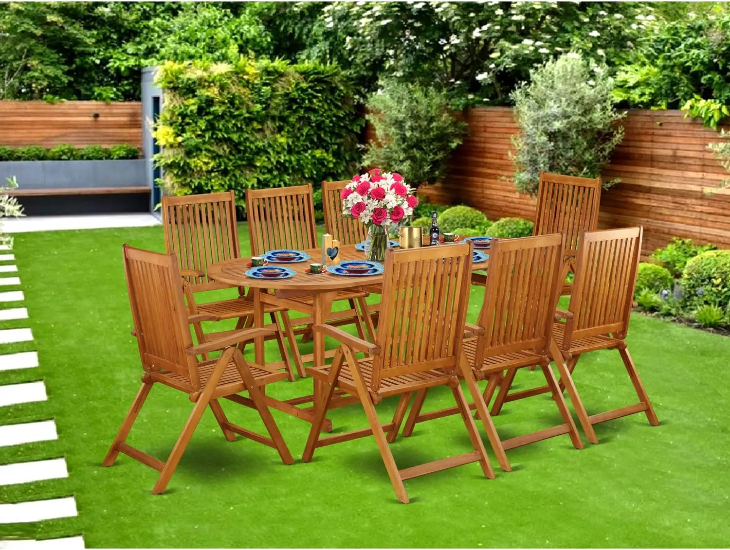 

5/7/9 PCS Patio Dining Set Consist of an Oval Outdoor Acacia Wood Table and 6 Folding Adjustable Arm Chairs,Natural Oil