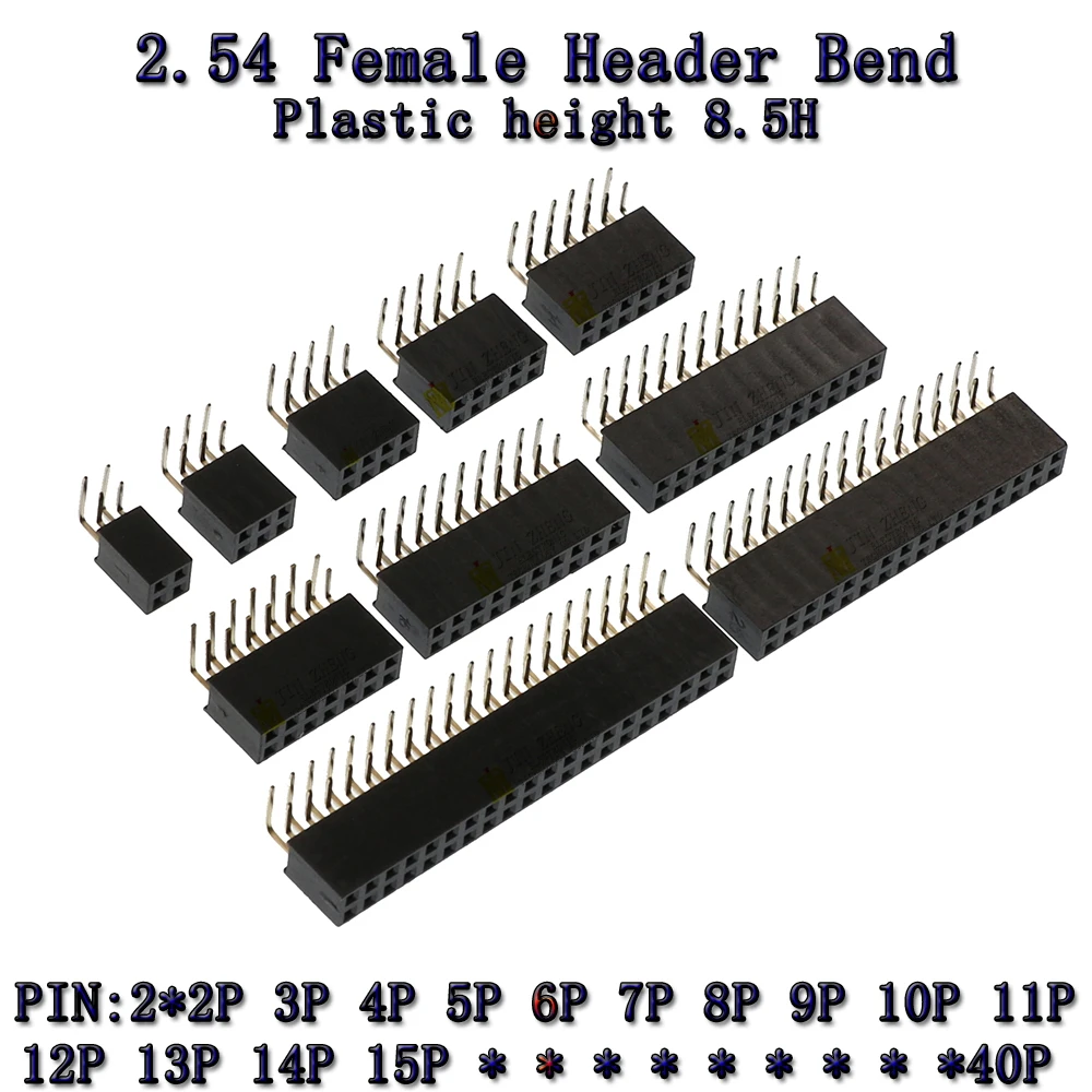 

10PCS 2.54MM PITCH double Row Right Angle Female Pin Header H8.5 2X2/3/4/5/6/7/8/10/20/30/40PIN Strip Connector Socket