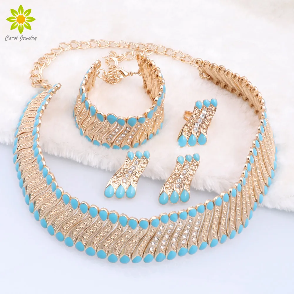 Brazil Gold Color Jewelry Sets For Women Dubai Fashion Enamel Necklace Earrings Ring Bracelet Set Bride Wedding Party Gift