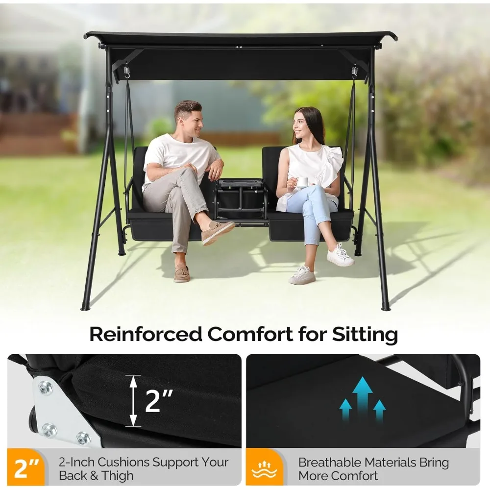 Outdoor Porch Swing with Canopy, Heavy Duty 550 LBS Canopy Swing with Cup Holder & Ice Bag & Cushions for Yard, Pool, Lawn.