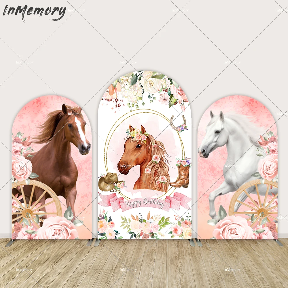 Pink Flowers Horse Happy Birthday Arched Wall Photo Backdrops Booth Covers Western Cowgirl Baby Shower Photobooth Banner Decor