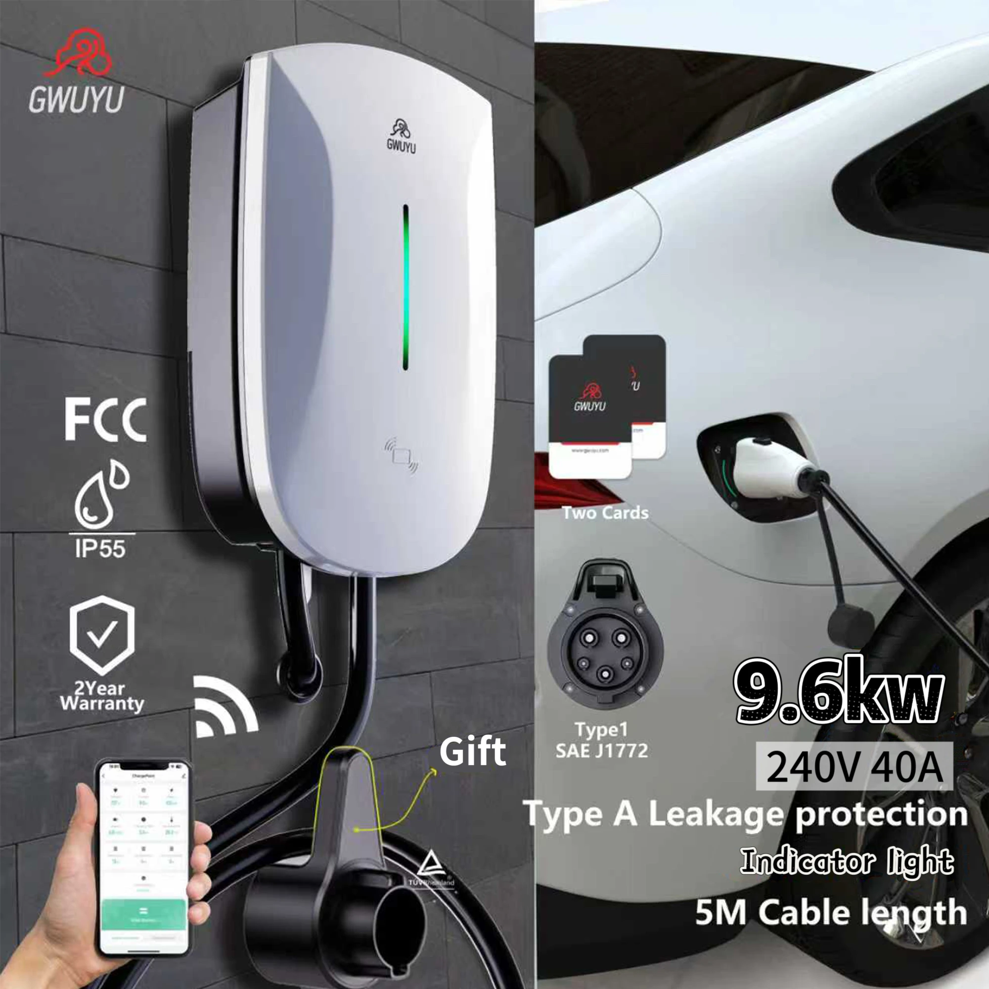 

GWUYU US Standard Home Wall-mounted EV Charger 7KW 9.6KW 12KW APP Control Electric Vehicle Charging Station