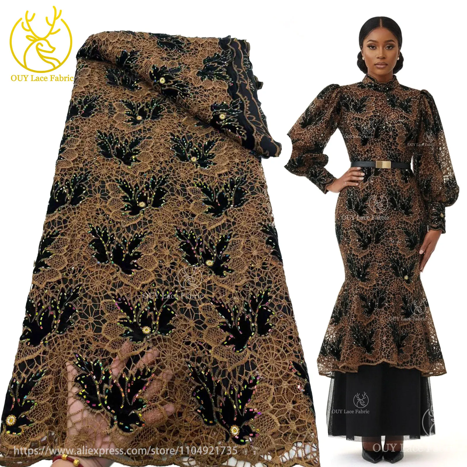 Luxury Velvet Crystal African Lace Fabric 2026 High Quality Nigerian Rope Lace Fabric for Girls Dinner Party Dress Sewing