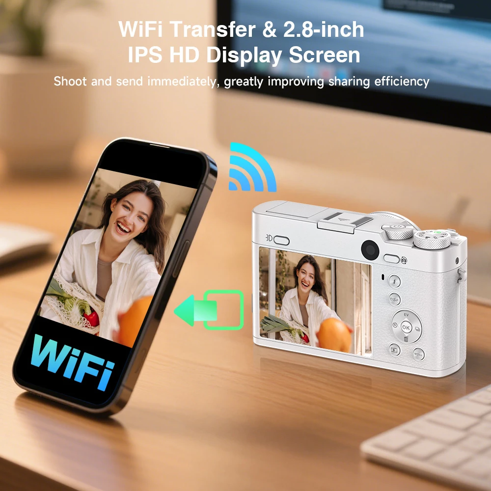 كاميرا رقمية واي فاي 5K 64MP، زووم بصري 6X، كاميرا تسجيل فيديو 30FPS، كاميرات خلفية وأمامية للتصوير الفوتوغرافي والفيديو، بطاقة 64 جيجابايت