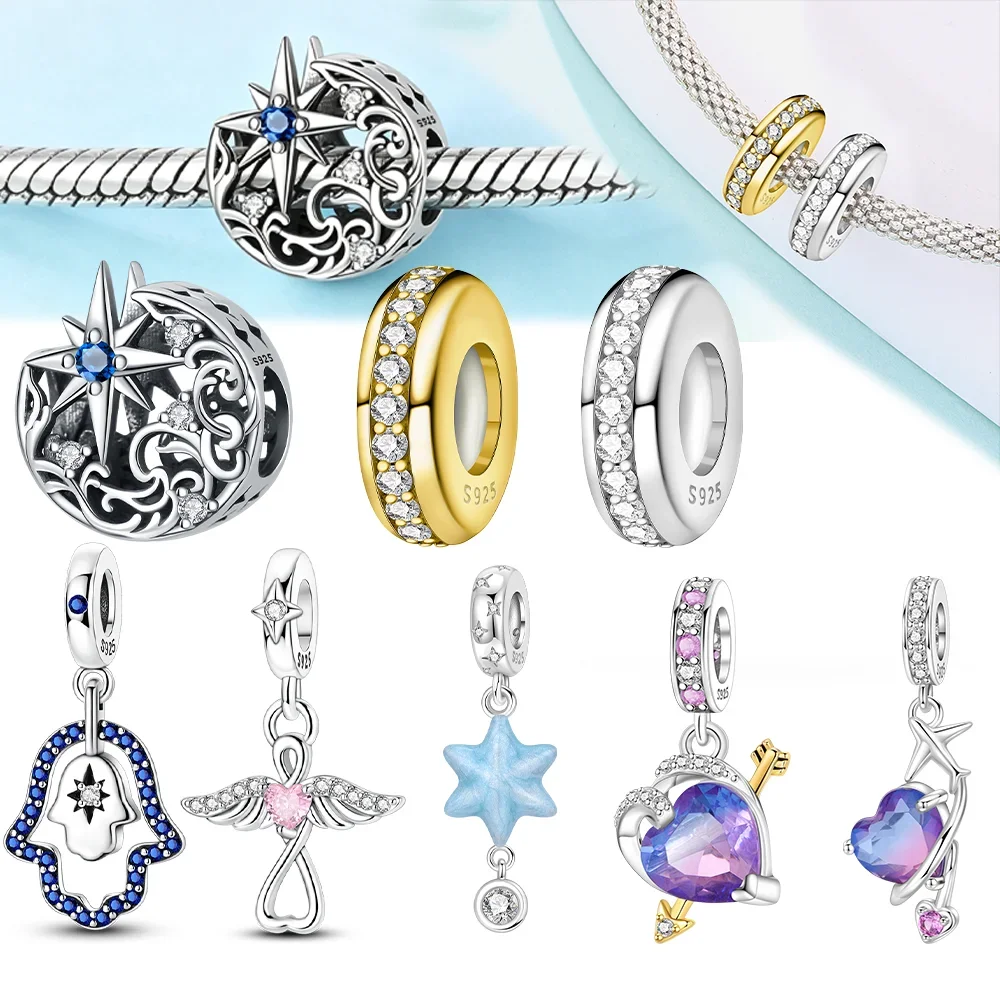Moon Star Heart Zircon Original Silver Charms Beads Fit Bracelets Bag Keychain Earring Charm Bead Pendant Diy Women Jewelry Gift