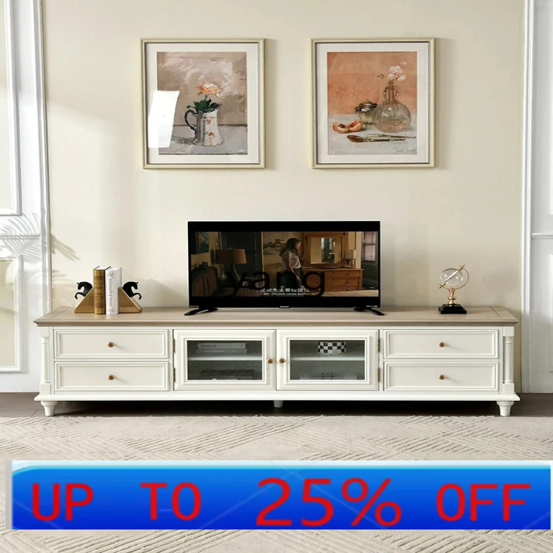 

LHH solid wood TV cabinet white cream style retro living room floor cabinet TV cabinet