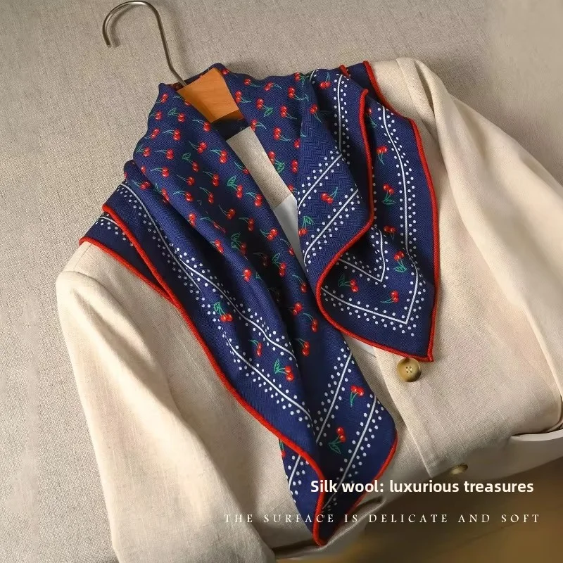 30% MULBERRY SILK 70% WOOL Square Scarf Navy Allover Cherry Print Bandana Retro American Style Neck Scarf Head Wrap Accessory