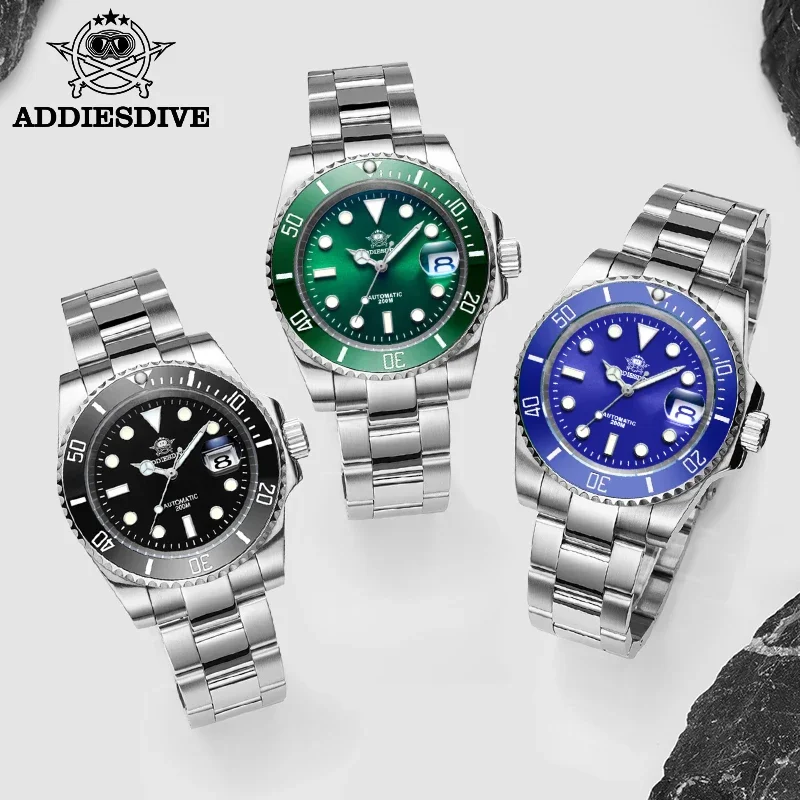 ADDIESDIVE Luminous Automatic Mechanical Wristwatches Luxury Steel Calendar Blue Analog Men’s Watches 200m Waterproof Dive Watch