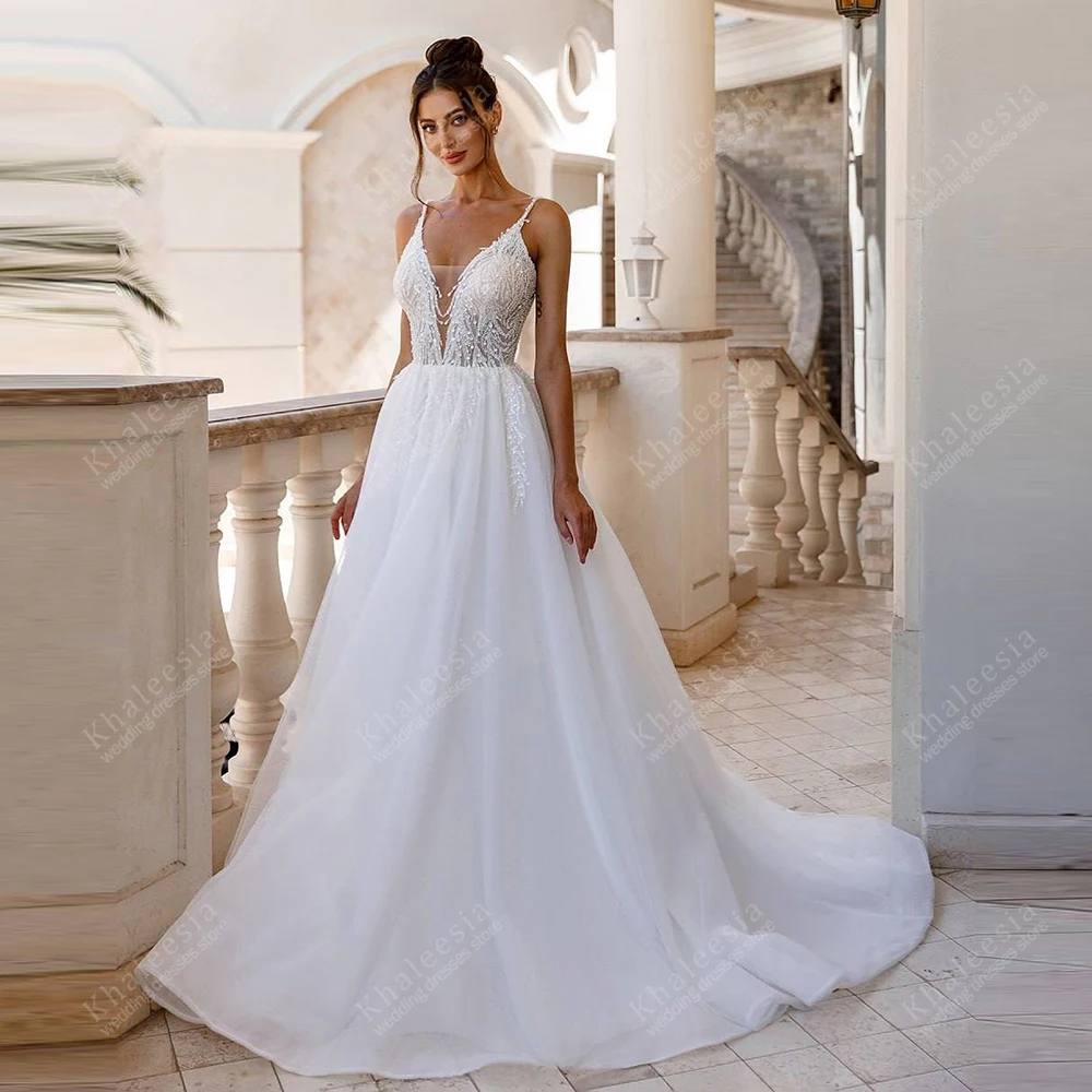 Elegant Wedding Dresses A Line Organza Bridal Gowns Lace Appliques Deep V Neck Sleeveless Charming Vestidos De Novia Customized