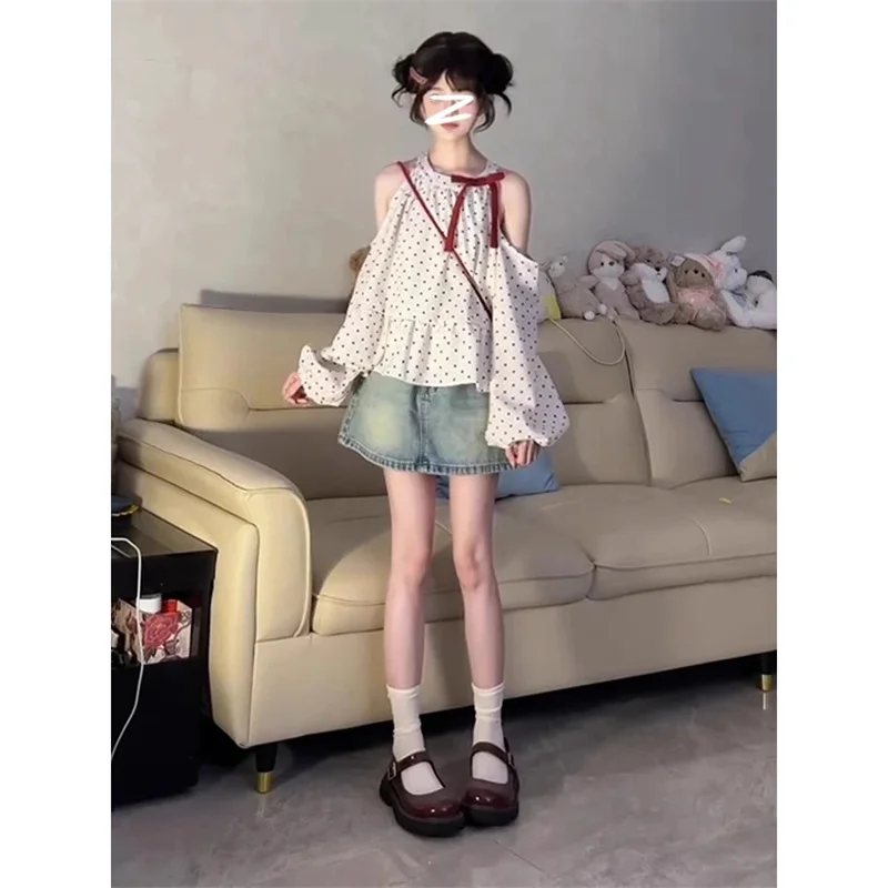 2025년 봄 여성용 스윗 폴카 도트 긴팔 디자인 센스 나비넥타이 셔츠 와이드 트러플 숄더 의류 WF