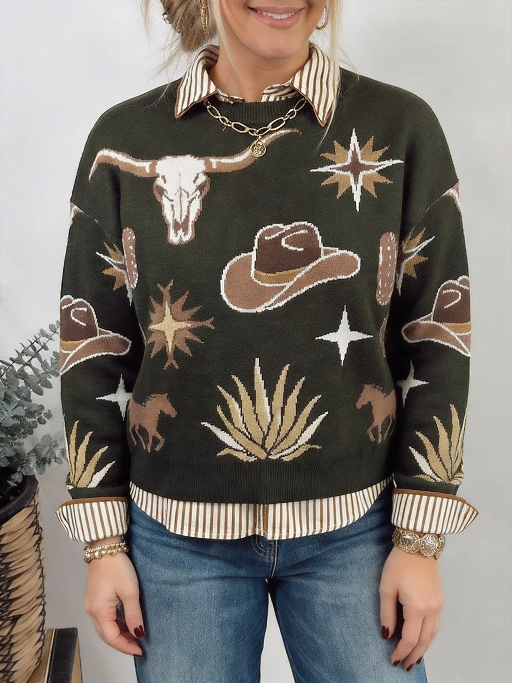 Vintage Western Cowgir Graphic Knitted Women Sweater Bohemia Long Sleeve Thick Sweaters Winter Warm Jumper Pullover Knit Tops