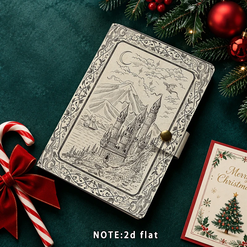 Retro Fantasy Castle Print PU Notebook Snap Closure Journal Vintage Landscape Moon Dragon Pattern Diary Hand Account Book Statio