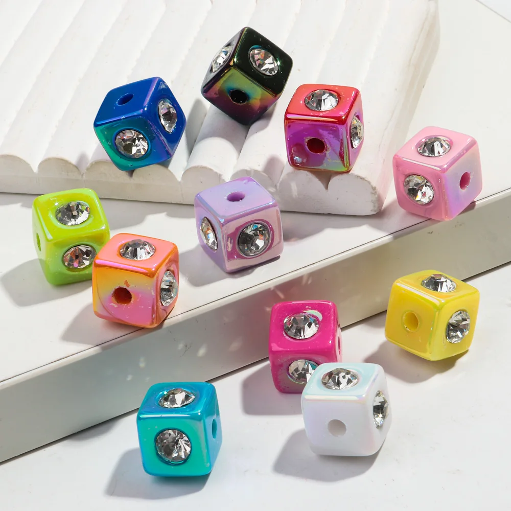 10pcs Iridescent Acrylic Rhinestone Cube Cube Shape Beads Accessories New Geometric Loose Bead Pendant for DIY Jewelry Making