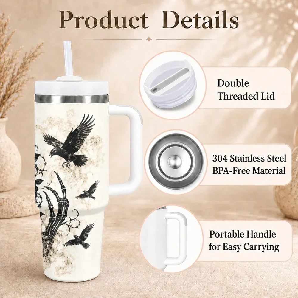 Gothic Skull Crow Floral Art Vacuum Flasks 40oz Stainless Steel Insulated Tumbler With Handle & Straw Leakproof Travel Mugorders for other colors will be shipped randomly in black or white