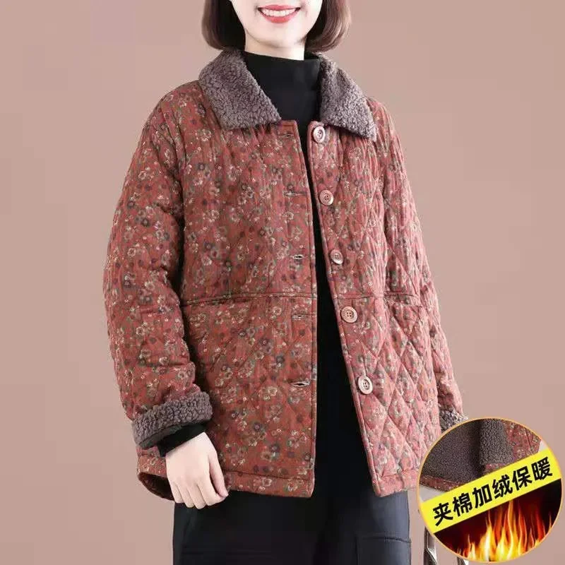 Jaket bantalan katun wanita, jaket perempuan Linen katun pendek longgar musim gugur dan dingin, mantel bunga