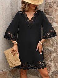 European and American women's fashionable and elegant lace V-neck hollowed out flared sleeve dress