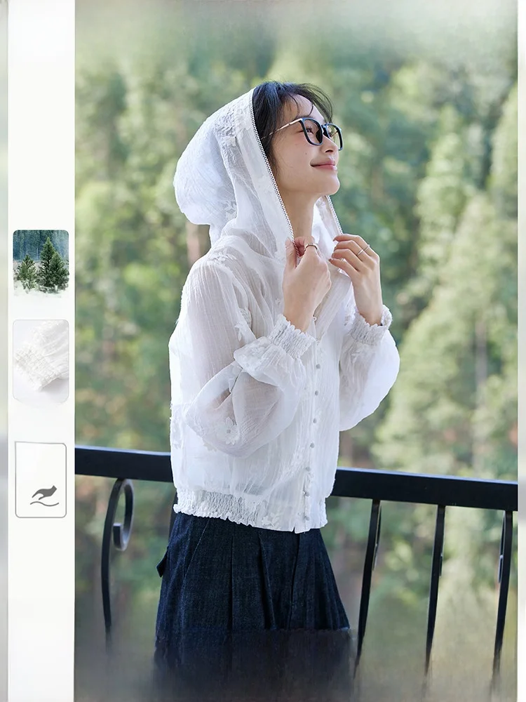 

Свободная женская куртка с капюшоном и эластичными манжетами, летняя, солнцезащитная, из тканого материала, с длинными рукавами и пуговицами