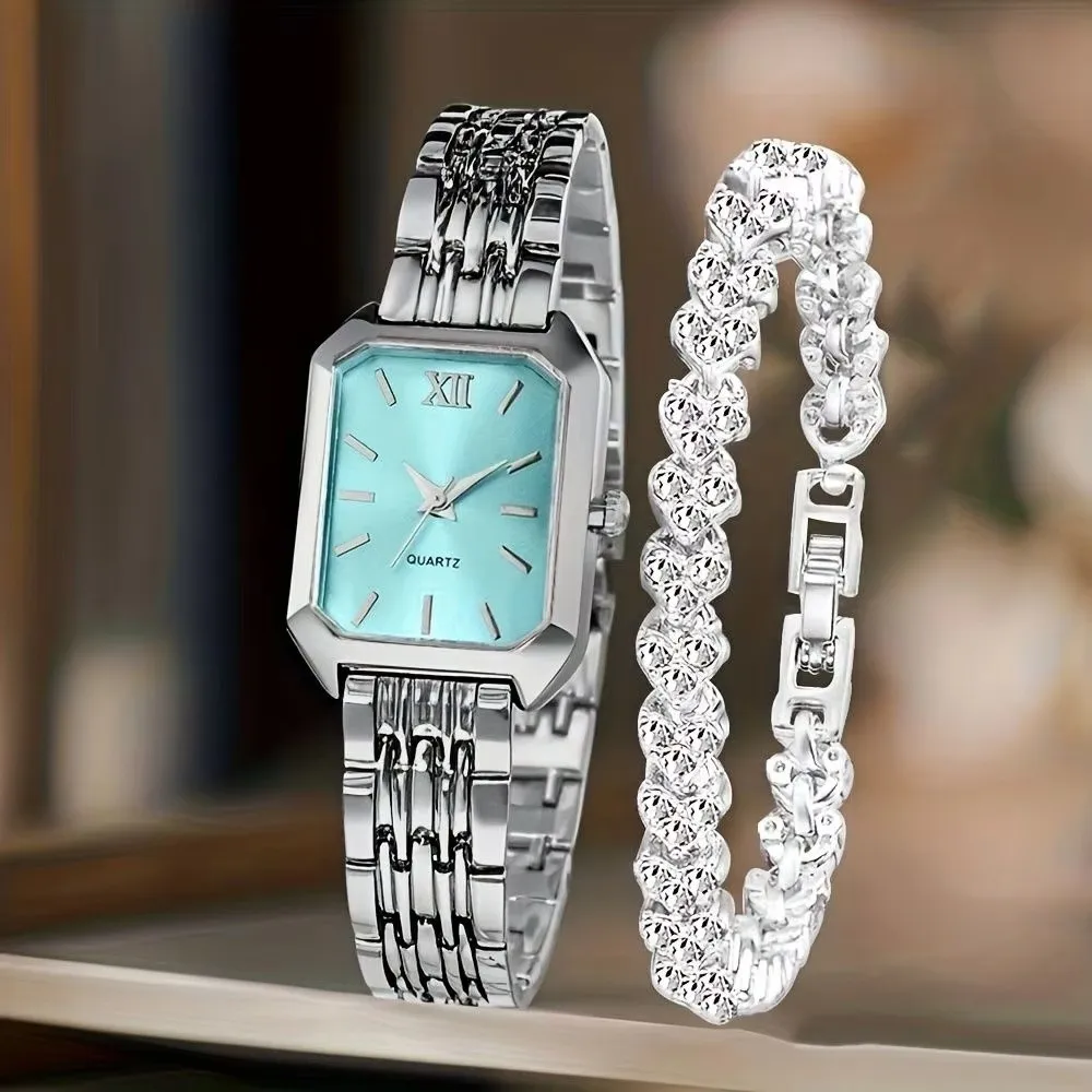 Fashion Stainless Steel Wristwatch Bracelet Set Folding buckle Rhinestone Quartz Watches Square Simple Strap Watch Student