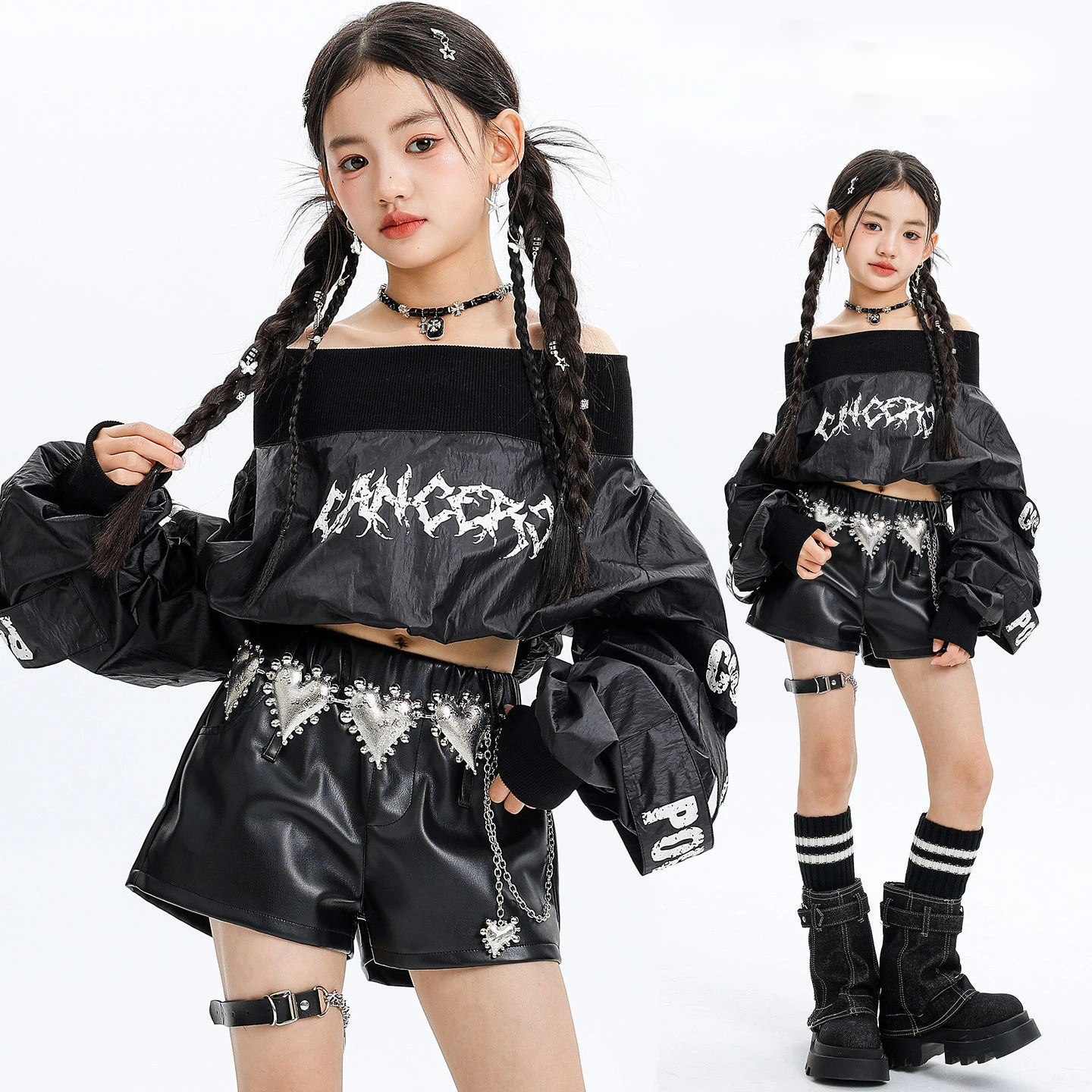 

Kid Kpop Hip Hop Clothing Black Off Shoulder Puff Sleeves Top Casual Faux Leather Shorts for Girls Street Dance Costumes Clothes